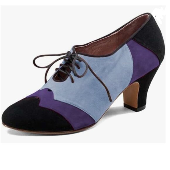 FOWT Blue-purple Patchwork Round Toe Oxford Wingtip Self Tie Low Heel Pumps - Picture 1 of 8